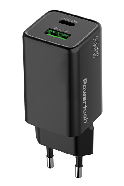 POWERTECH φορτιστής τοίχου PT-1501, USB/USB-C, 65W, GaN, μαύρος