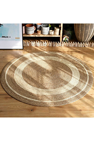 genric FFD Round Jute Rug Hand Woven Natural Jute Carpet with White Line, Han...