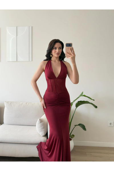 Zoom Butik Bel Korse Maxi Elbise - BORDO