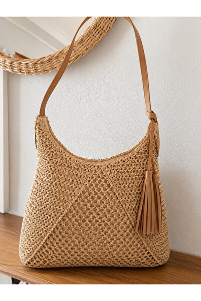 Handmade Karamel rengi deri detaylı hasır çanta