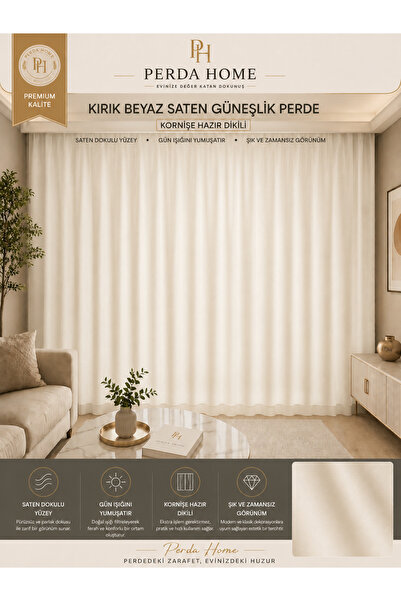 Perda HOME Kırık Beyaz Ekru Saten Güneşlik Perde Pilesiz Kornişe Hazır Tek Kanat