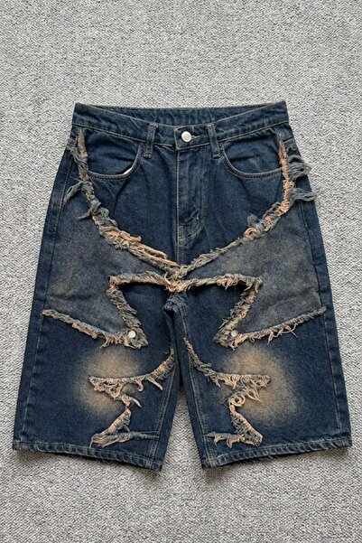 Köstebek Mornarsko plave stonewashed zvezdane vintage Y2K unisex široke kratk...