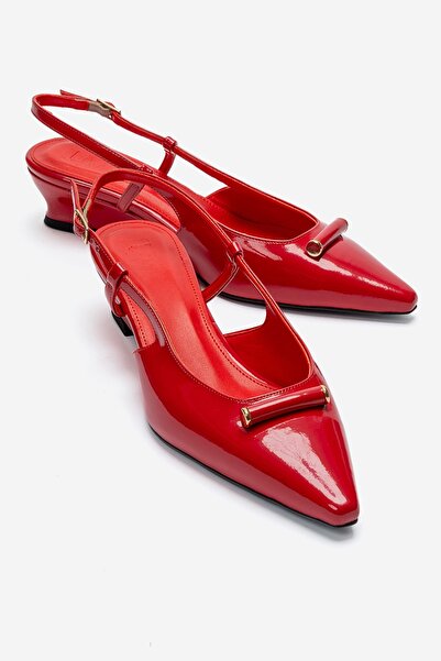 LuviShoes Rhea Red Patent Leather Buckle Mini Wedge Women's Heeled Shoes