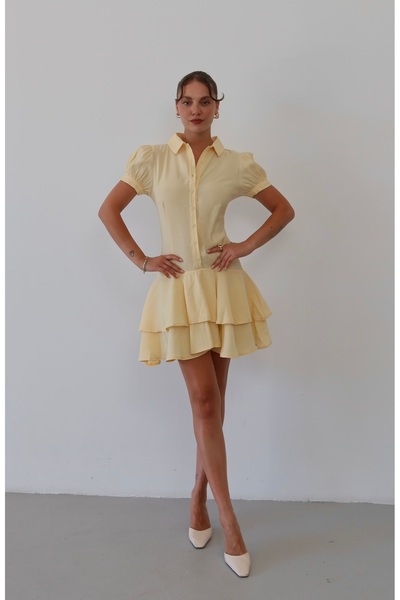 Myra Fashion Fırfırlı Katlı Gömlek Elbise Mini Boy Kısa Kol Klasik Yaka Boyda...