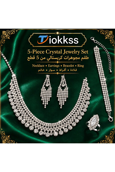 Tiokkss 5pcs Women Rhinestone Jewelry Set, Silver Crystal-Look Necklace Earri...