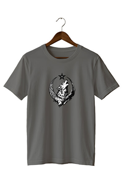 WİDİ Special Design Minimalist Snow Wolf and Moon Star Printed T-Shirt 100% C...