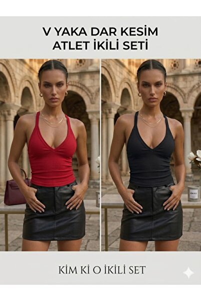 KİM Kİ O Set of 2 Women's Camisole V-Neck Undershirts - Black & Red Slim Fit ...