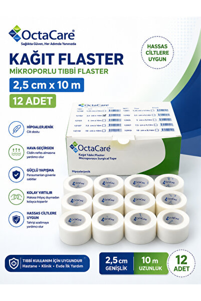 Octacare Kağıt Flaster 2,5 cm x 10 m Hipoalerjenik Mikroporlu Tıbbi Flaster 12 Adet Paket
