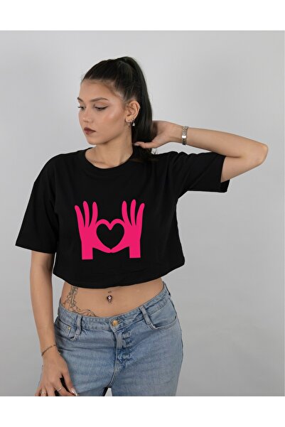 Krays Women's Hand Heart Printed Crop Tshirt Knitted Cotton Black White Gray ...