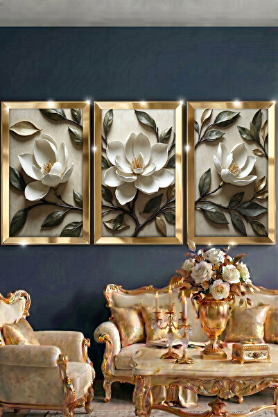 Dekorvia Gold Aynalı Pleksi Çerçeveli 3lü MDF Tablo 3D Tasarımlı Çiçekli Salo...