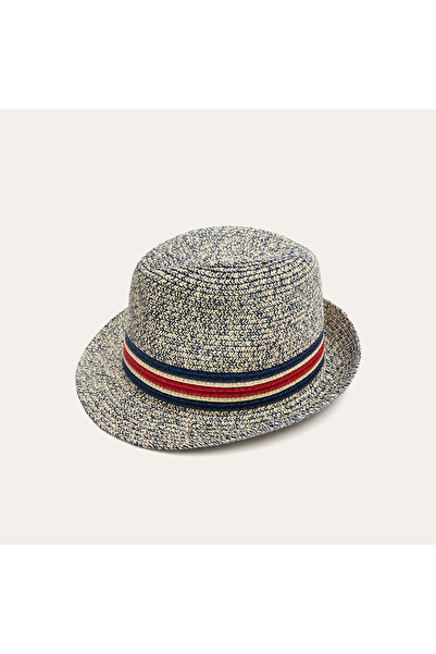 Mudo Men's Navy Blue Stripe Detailed Straw Fedora Hat