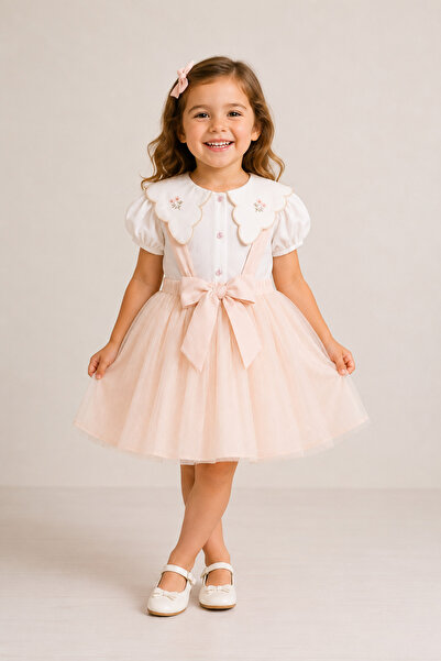 Cumino Floral collar gilet girl set - beige