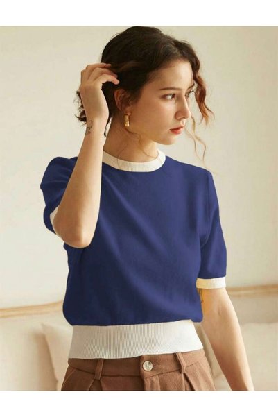 banessa Elegant Knitwear Crew Neck Vintage Women's T-Shirt