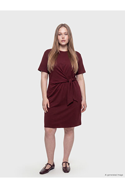 LC Waikiki Soulife Plum Color Tie-Neck Drawstring Dress