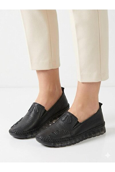 Lütfi Women's Black Genuine Leather Orthopedic Soft Sole Casual Shoes