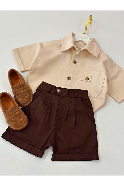 bohemiankids baby wear Pamuklu Gabardin Favori Bayramlık Krem Şort Takım
