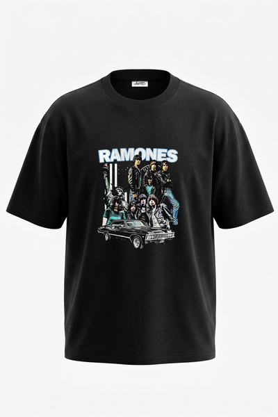 Anetos Tricou oversize negru din bumbac cu imprimeu pe spate Ramones Design
