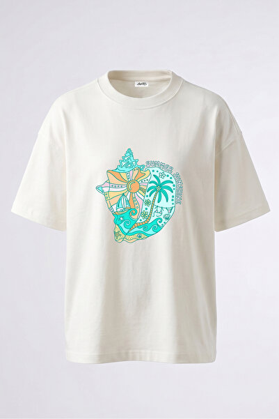 Anetos Tricou oversize alb din bumbac cu imprimeu pe spate Summer Sea Shell D...