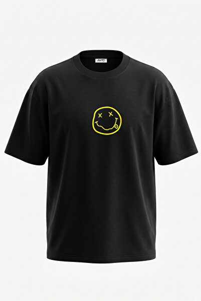 Anetos Nirvana Smiley_3 dizajn, pamučna crna oversize majica sa štampanim leđima