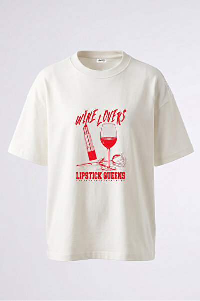 Anetos Tricou oversize alb din bumbac cu imprimeu pe spate Wine Lipstick Design