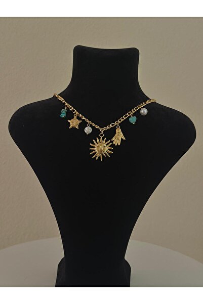 ROYAL SPARK Gold Plated Sun, Hamsa and Colored Stone Detailed Dangle Necklace