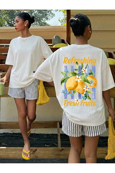 EVIus Tricou supradimensionat cu imprimeu cu fructe proaspete și lămâie, 100%...