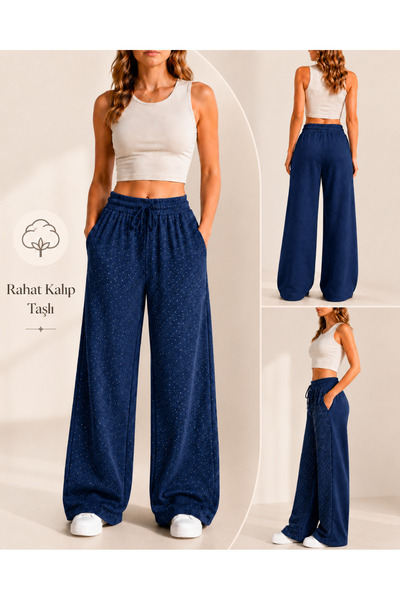 De Carte Women's Star Stone Wide Leg High Waist Loose Cut Pocketed Trousers S...