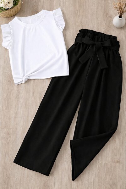 shop Girl's Woven Pants with Belt, White Color T-Shirt, Sports Set in Summer