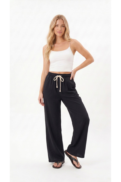 Quanlex Women's Black Color Muslin Palazzo Sweatpants Wide Leg High Waist Ful...