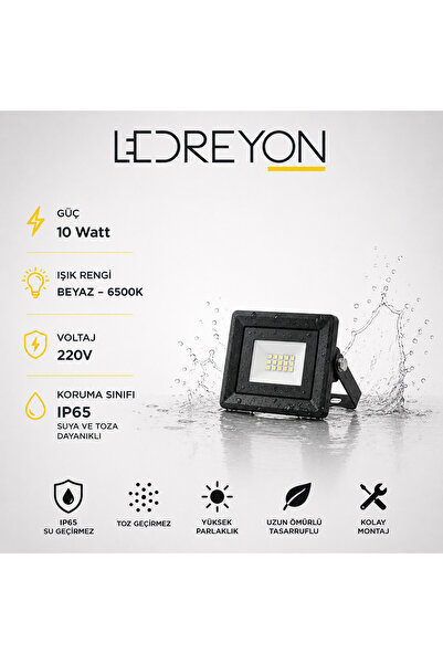 LEDREYON 10 Watt Beyaz Işık Led Projektör Dış Mekan Bahçe Aydınlatma 220V Lamba