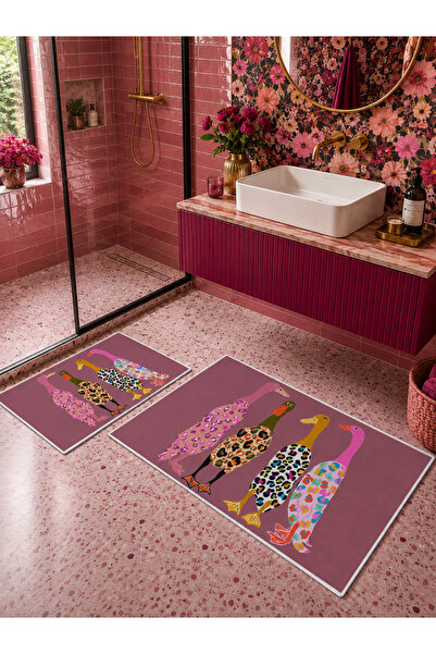 Evmila Pembe Leopar Kadın Figürlü Kaymaz Taban Banyo Paspası 2’li Set Dekorat...