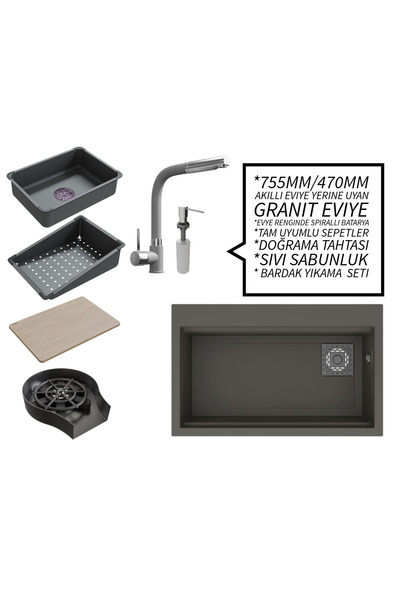 RealStone 75 cm Kompakt Set - Akıllı Eviye Uyumlu Granit Eviye ve Spiralli Ba...