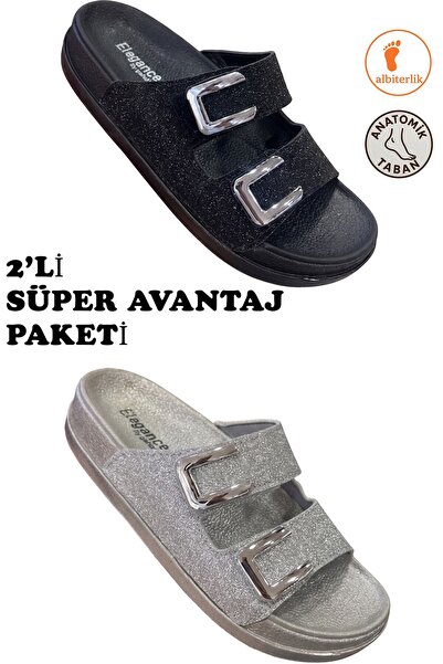 AlbiShoes Ženske papuče u pakovanju od 2 komada, sa dvostrukom kopčom, srebrn...