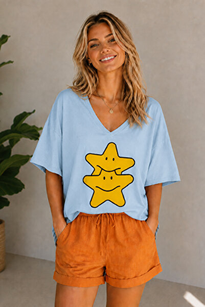 ArtYus Double Star Printed V-Neck Casual Unisex Oversize T-Shirt – Cotton Cas...