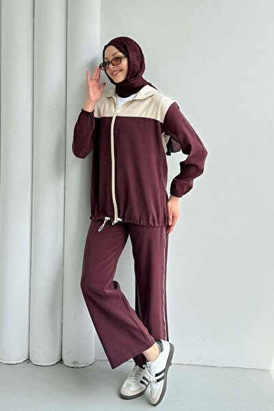 Modaensarbutik Fermuarlı Üst Garnili Pantolonlu Tesettür Takım-BORDO