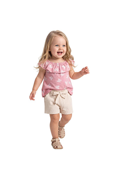 Babyhood 🎀 طقم شورت قطني منقوش بفيونكة وتي شيرت قطني ممشط للفتيات الصغيرات
