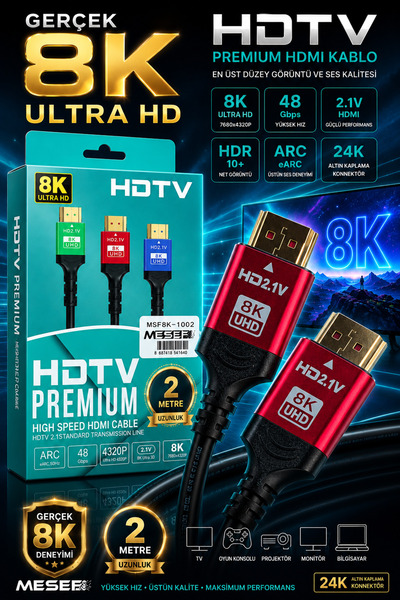 Mesef 8K HDMI Kablo 2 Metre / HDMI 2.1 Kablo 8K UHD / 8K Ultra HD HDMI Kablo ...