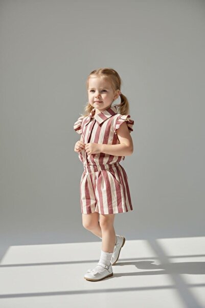 BOBBY JR KİDSWEAR Woven Girls' Set with Stripe Patterned Shorts