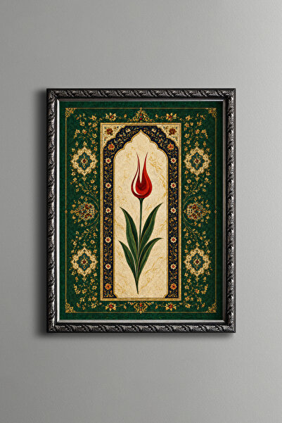 epiqart Yeşil Tezhip Desenli Lale Kompozisyonu - Vintage Desenli Çerçeve - İn...