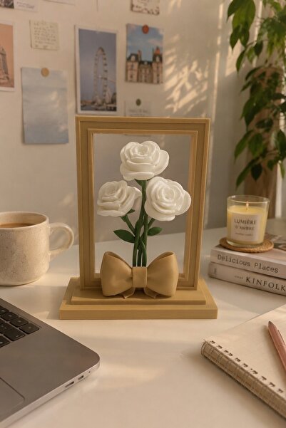 MYCRAFT3D Fiyonklu Çerçeve İçinde 3 Gül Figürlü Dekoratif Biblo Sevgiliye Ann...