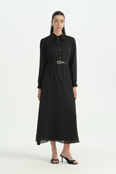 Nihan Belted Jacquard Lyocell Dress - Black