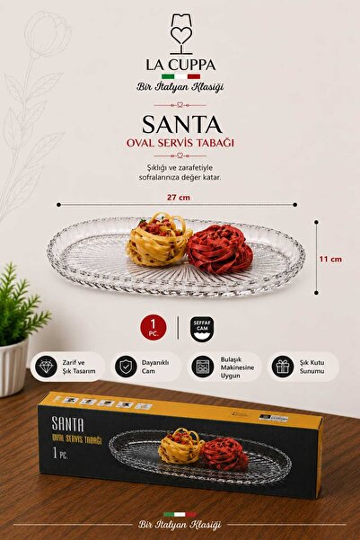 Herza House Santa Kristal Desenli Oval Cam Servis ve Sunum Tabağı - 27x11 cm