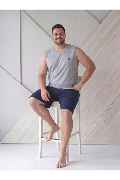 PİJAMUS Erkek Battal Pamuklu Sıfır Kollu Şortlu Pijama Takımı