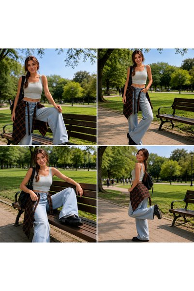 josef mariyy Plaid Patterned Waist-Tied Asymmetrical Mini Skirt (Leggings & Trousers Top Combination) Coffee Color