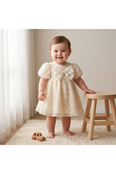 Juniors Round Neck Short Sleeves A-line Dress with Lace and Bow Detail