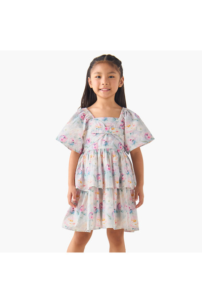 Juniors Square Neck Short Sleeves Tiered A-line Dress with Floral Print