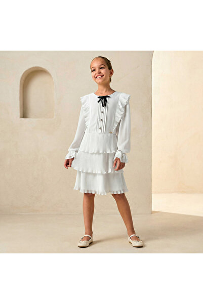 ELIGO Round Neck Long Sleeves Dress with Bow Accent