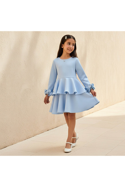 Juniors Round Neck Long Sleeves Tiered Dress with Ruffle Detail