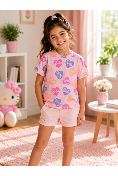 BAHNUR Girl's Heart Pattern Printed Short Sleeve T-Shirt - Powder Pink Crew N...