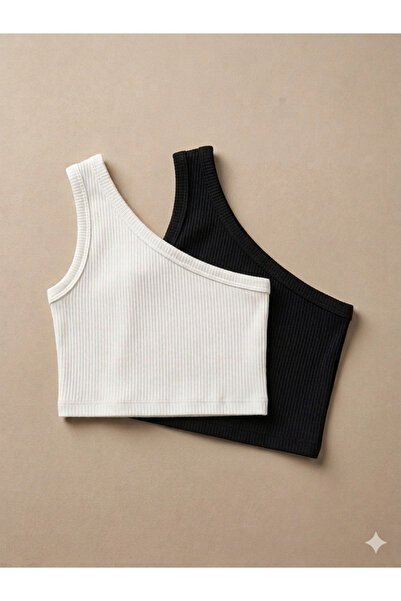 HEREN Siyah Beyaz 2'li Ribana Crop Top Atlet Seti Kız Bebek/Çocuk/Anne Tek Om...